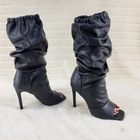 Black Square toe Scrunch Slouch Mid Calf Pull On Heeled boots Resto… - Picture 11 of 15